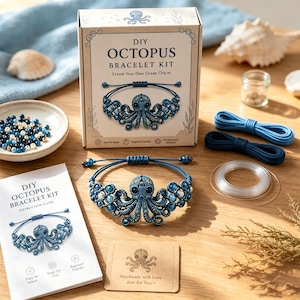 May include: A DIY octopus bracelet kit featuring a cardboard box with the text DIY OCTOPUS BRACELET KIT, a completed blue octopus-shaped beaded bracelet, a white instruction guide, blue cords, clear string, and a small bowl of assorted blue beads.