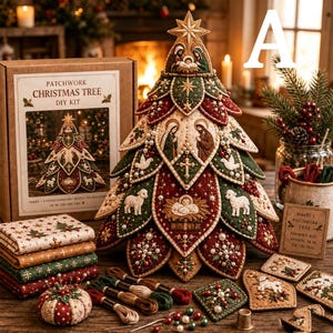 Può includere: Un kit fai-da-te per albero di Natale in patchwork con un albero in tessuto decorato con una scena della natività, pecore e stelle in rosso, verde e crema. Include tessuti, filo da ricamo, perline, un puntaspilli e una scatola con l'etichetta Patchwork Christmas Tree.