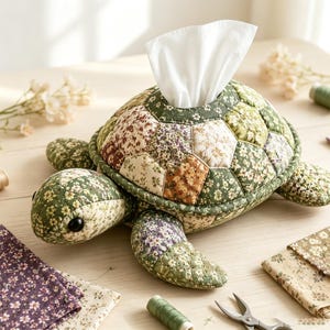 May include: A turtle-shaped tissue box cover crafted from quilted fabric patches in various shades of green, brown, and cream with floral patterns. The shell features a central opening for dispensing white tissues, and the head has black eyes.