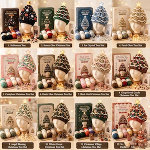 May include: A collection of twelve crochet hat kits, each featuring a mannequin head wearing a themed tree-shaped hat with a light-up star topper, accompanied by yarn skeins, decorative embellishments, and a labeled display box for each set.