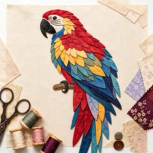 May include: A fabric appliqué of a macaw parrot featuring layered, multi-coloured feathers in red, yellow, blue, and green. The bird has a black beak and is perched on a brown branch. Nearby are metal scissors, four spools of thread, and two buttons.