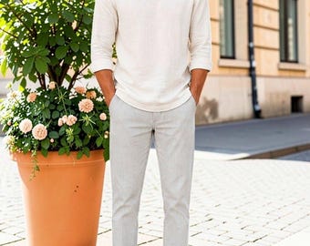 Men's Cotton Linen V-Neck Shirt, Lightweight Long Sleeve Casual Top (Solid Color)