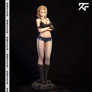 May include: A standing figurine of a character with short blonde hair, wearing a black tank top, blue denim shorts, and dark brown boots. The figure has arms crossed, stands on a rocky base, and features the text RATH FORGE on the side.