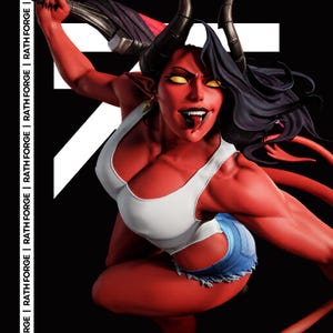 May include: A red-skinned demon figurine with black horns, long dark hair, and yellow eyes, wearing a white tank top and blue denim shorts. The figure holds a large weapon over its shoulder, has a pointed tail, and the text RATH FORGE is visible.
