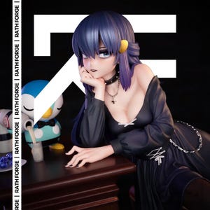 May include: A collectible anime-style figure of a character with dark purple hair, wearing a black long-sleeved dress with a silver chain, a spiked choker, and a cross necklace. Beside the figure is a small blue and white penguin character.