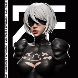 May include: A bust figurine of a character with short white hair and a black blindfold over their eyes. The figure wears a black high-neck outfit with puffed sleeves and a cutout chest detail. The text RATH FORGE is repeated vertically on the left.