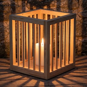 Può includere: Una lanterna quadrata in legno con un design a telaio a doghe, caratterizzata da aste verticali su tutti e quattro i lati. Una singola candela a colonna bianca si trova al centro, emettendo una luce calda che proietta ombre lunghe tra le sbarre.