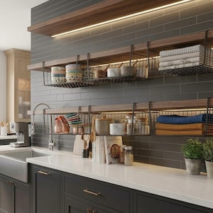 May include: Two horizontal wooden shelves mounted on a dark gray tiled wall, each featuring black metal wire baskets hanging from the underside. The shelves hold stacks of folded linens, ceramic bowls, glass jars, and various kitchen accessories.