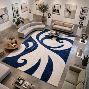 May include: A large rectangular area rug featuring a bold, sweeping pattern of deep blue curves against a cream-colored background. The rug is positioned in the center of a spacious room, surrounded by light-colored sofas, wooden tables, and art.