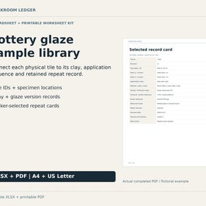 Op de afbeelding: Een spreadsheet en printbare werkbladenset voor een glazuurmonsterbibliotheek. Het document bevat de tekst Workroom Ledger, Pottery glaze sample library en een geselecteerde recordkaart met velden voor klei en glazuur.