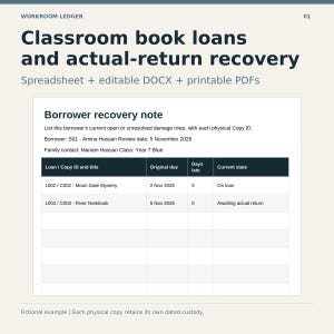 Może przedstawiać: Cyfrowy szablon dokumentu zatytułowany Workroom Ledger: Classroom book loans and actual-return recovery. Zawiera sekcję Borrower recovery note z polami na dane wypożyczającego, daty oraz tabelę do śledzenia wypożyczeń i ich aktualnego statusu.