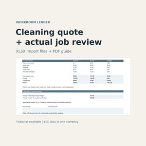 May include: A digital Workroom Ledger document titled Cleaning quote + actual job review, featuring XLSX import files and a PDF guide. The document displays a financial table comparing quoted and actual costs, margins, and job performance metrics.