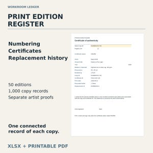Könnte beinhalten: Ein Workroom Ledger Print Edition Register Dokument mit einem Echtheitszertifikat für Harbor at First Light. Das Formular enthält Felder für Kopie-ID, Künstler, Jahr, Medium, Abmessungen von 30 x 40 cm und die Nummerierung 17/100.