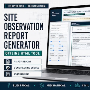 以下が含まれることがあります： Site Observation Report Generatorソフトウェアのインターフェースを表示するノートパソコン。画面にはエンジニアリングおよび建設プロジェクト用のデジタルフォームが表示されており、土木・構造データ用のフィールドと、A4 PDF report、3 engineering scopes、JSON backupというテキストラベルが含まれています。