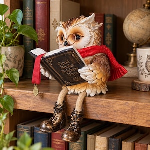 Könnte beinhalten: Eine braun-weiße Eulenfigur mit goldener Brille und rotem Schal, die sitzt und ein offenes Buch mit dem Text Good Books Brighter Days liest. Die Eule hat baumelnde Beine mit braunen Stiefeln und ein rotes Lesezeichen mit goldenem Blatt.