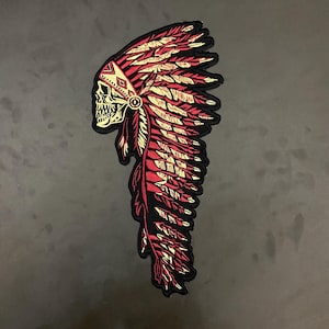 Indian Skull Headdress Back Patch – Iron-On Embroidered Chief Skull Patch for Jackets, Biker Vests – Red & Gold Feathered Skull Emblem
