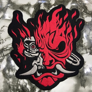 Cyberpunk Samurai Logo Embroidered Patch Set, Oni Skull Iron On Patch, Sci-Fi Gaming Jacket Back Patch, Edgerunners Cosplay Badge