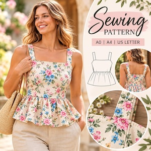 Puede incluir: Un patrón de costura para un top peplum sin mangas con escote cuadrado y tirantes anchos, en tela color crema con estampado floral rosa y azul. El patrón incluye formatos A0, A4 y US Letter, junto con dibujos técnicos de la prenda.