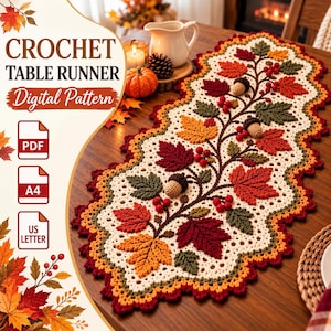 Autumn Vine Crochet Table Runner Pattern, Fall Leaf Berry Acorn Decor (PDF)