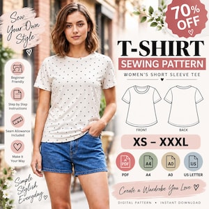 Pode incluir: Um molde de costura digital para uma t-shirt de manga curta, apresentando um top creme com um pequeno padrão de diamantes pretos e calções de ganga azuis. O gráfico inclui texto como Sew Your Own Style, T-SHIRT SEWING PATTERN e XS-XXXL.