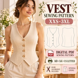May include: A beige vest with four buttons and a V-neckline. The image includes text: VEST SEWING PATTERN, XXS-3XL, DIGITAL PDF SEWING PATTERN, A0, A4, US LETTER, SEAM ALLOWANCE INCLUDED, OPTIONAL LINING, and a line drawing of the vest front and back.