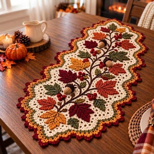 Pode incluir: Um caminho de mesa de crochê na cor creme com um design outonal intrincado, apresentando folhas de bordo texturizadas em tons de vermelho, laranja, amarelo e verde, acentuado por pequenas bolotas castanhas e cachos de bagas vermelhas.