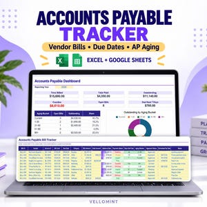 Può includere: Un modello digitale per il monitoraggio della contabilità fornitori visualizzato su uno schermo di un portatile, con una dashboard e un foglio di calcolo dettagliato. L'interfaccia include tabelle dati, un grafico a torta e colonne per fatture, scadenze e stato di anzianità, compatibile con Excel e Google Sheets.