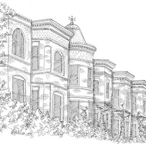 Peut inclure: Dessin au trait en noir et blanc d'une maison de style victorien. L'illustration montre un bâtiment à plusieurs étages avec des baies vitrées, des fenêtres cintrées et une petite tourelle. Des feuillages sont dessinés autour de la base de la maison.