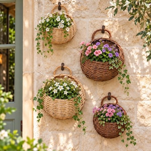 May include: Four round, woven wicker wall-mounted planters in light and dark brown tones. Each basket features a circular handle and is filled with trailing green ivy and vibrant flowers in shades of white, pink, and purple, hung on a stone wall.