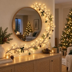 May include: A round mirror with a wooden frame adorned with a lighted garland featuring warm white LED lights, dark green bows, small pinecones, and green and silver ornaments. The garland curves along the right side and bottom of the mirror.