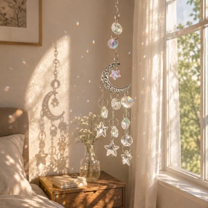 Crystal Suncatcher, Celestial Moon and Star Window Hanging, Rainbow Maker, Boho Home Decor, Spiritual Gift