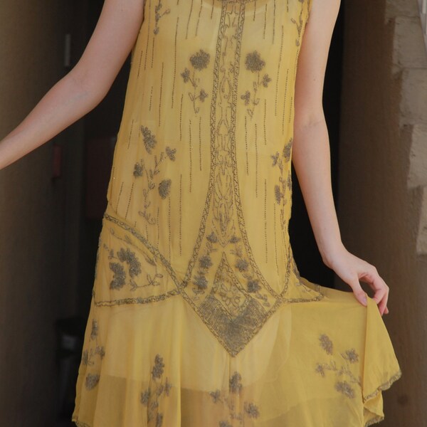 1920s Yellow Glass Beaded Dress - The I'd Rather Charleston Dress