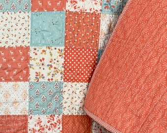 Spring girl quilt, baby toddler quilt, modern patchwork quilt, baby shower gift, for new mom, adult lap quilt, Spring decorating, coral blue