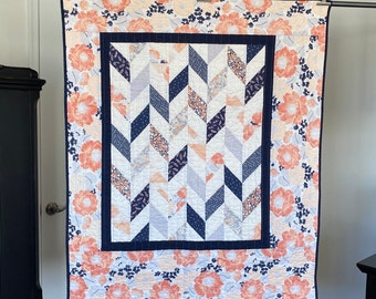Baby toddler quilt, modern baby blanket, patchwork quilt, play mat, gift for new mom, lap quilt, peach and navy, floral quilt