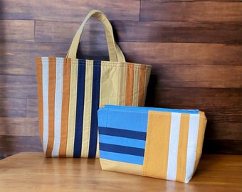 Patchwork Tote and Pouch, Eco-Friendly, Improv Stripe Design, Handmade Quilted Set