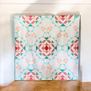 Handmade Geometric Quilt: Modern Patchwork Throw, Coral Aqua Pastel