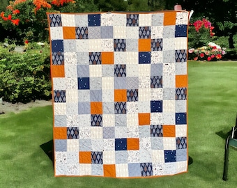 Fall Couch Quilt, Patchwork Quilt, Plaid Throw Blanket, Autumn  Fall Decor, Flannel Quilt, Handmade Quilt, Navy and Rust Quilt