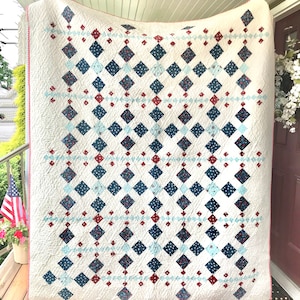 Twin Size Patchwork Quilt: Red, White & Blue Floral, Heirloom Quality