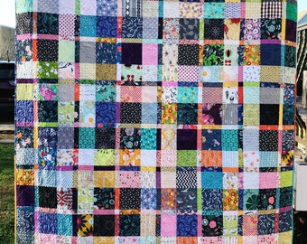 Patchwork quilt, couch quilt, small twin bed, scrappy plaid quilt, gift for tween bed, colorful quilt, picnic blanket, Spring summer quilt