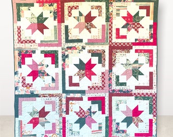 Throw, Couch, Lap quilt, patchwork quilt, handmade blanket, star quilt, floral quilt, Log Cabin Quilt, Christmas gift, living room decor