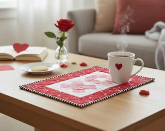 Handmade Valentine Mug Rug: Quilted Table Topper, XOXO Decor (11x16)