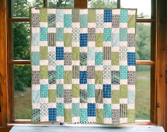Patchwork Quilt, Blue and Green Quilt, Toddler Quilt, Boy Crib Blanket, Baby Shower Gift, Lap Quilt, Gift for Son, Nursery Decor