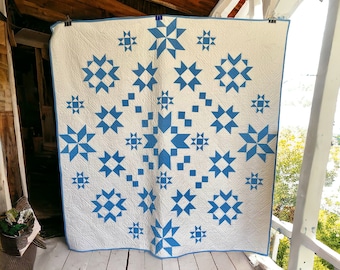 Medallion quilt, Star block quilt, Blue and white quilt, Handmade quilt, Home decor, Quilted throw, Modern quilt, Spring quilt, Bed topper