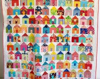 Throw Small Twin Size Scrappy Modern Patchwork Quilt Village House Quilt Rainbow Multi Colored Housewarming Gift Teenager