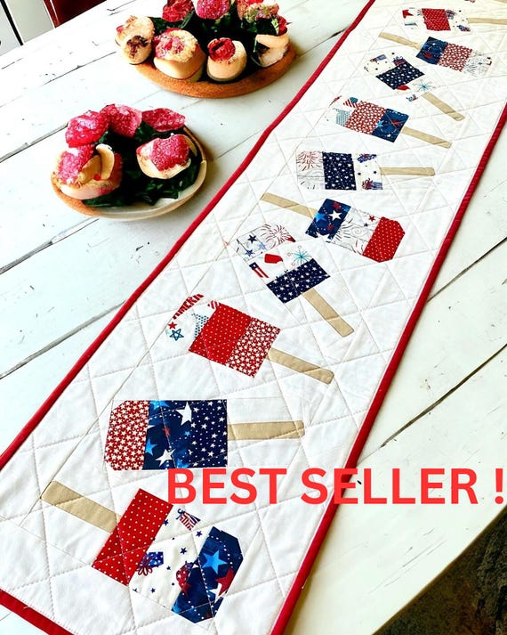 Handmade Quilted Table Runner, Red White Blue July 4th Summer Decor (50 inch)