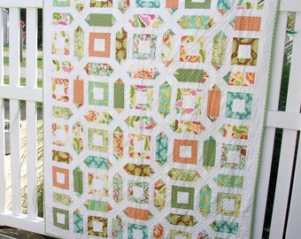 Lap, throw, couch, toddler bed patchwork floral pink green white  quilt blanket