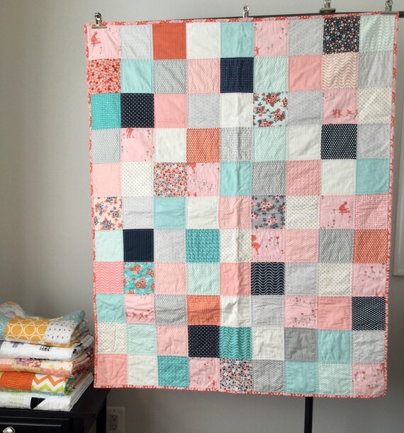 blanket baby toddler girl pink yellow black white Modern patchwork quilt 53x40