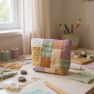 Quilted Zipper Pouch – Patchwork Design, 7x8 Inch Handmade Bag with Floral Lining, Travel, Makeup, or Project Organizer