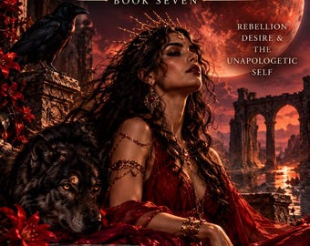 Könnte beinhalten: Ein Buchcover mit dem Titel LILITH THE ARCHETYPE LIBRARY BOOK SEVEN von Bilge Abla. Es zeigt eine Person in einem roten Kleid mit goldenem Schmuck, einen schwarzen Wolf und einen Raben vor einer dunklen, rot getönten Landschaft mit Mond.