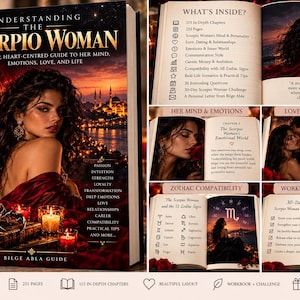 以下が含まれることがあります： Understanding the Scorpio Womanというタイトルのハードカバー本。女性、サソリ、バラが描かれた濃い赤色の表紙が特徴です。ページ内には章の要約、星座の相性表、30日間のチャレンジなどが記載されています。